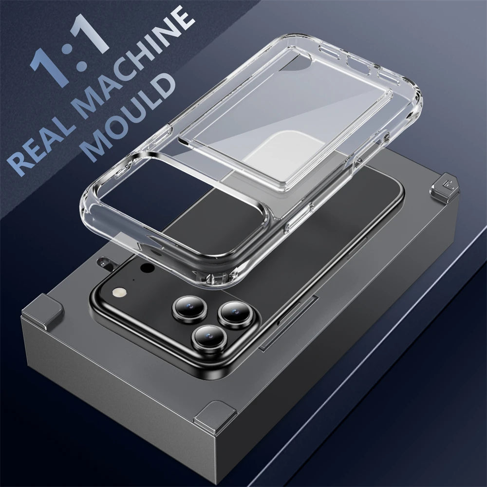 Luxury Transparent Wallet Card Slots Holder Phone Case For iPhone 17 16 15 14 Pro Max 13 12 11 XR X Plus HD Acrylic Clear Cover
