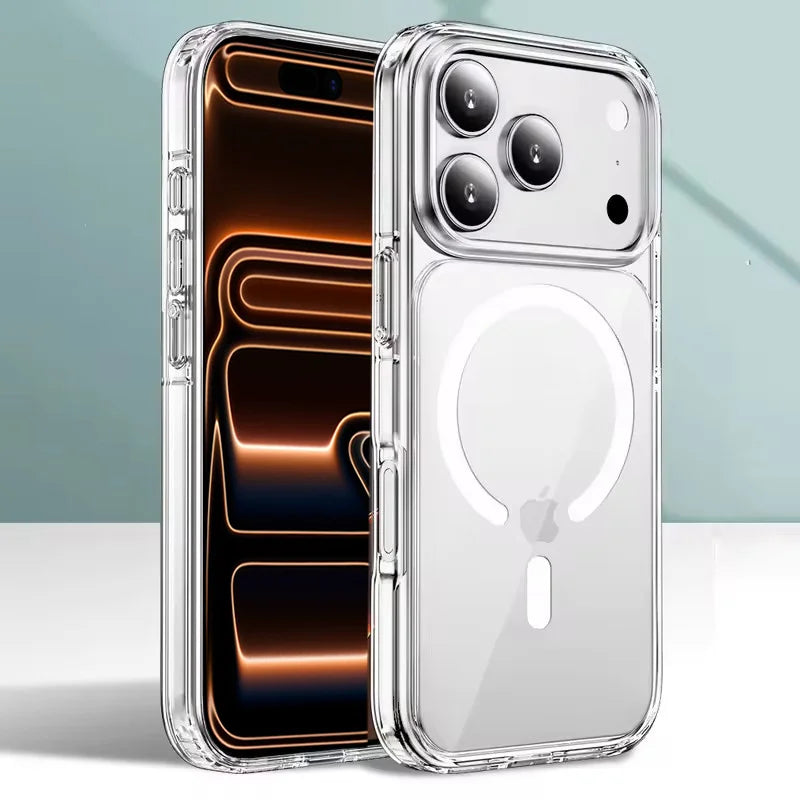 Transparent Phone Case For iPhone 17 16 15 14 13 12 11 Pro Max Plus Mini 16E 17 Air For Magsafe Wireless Charger Magnectic Cover