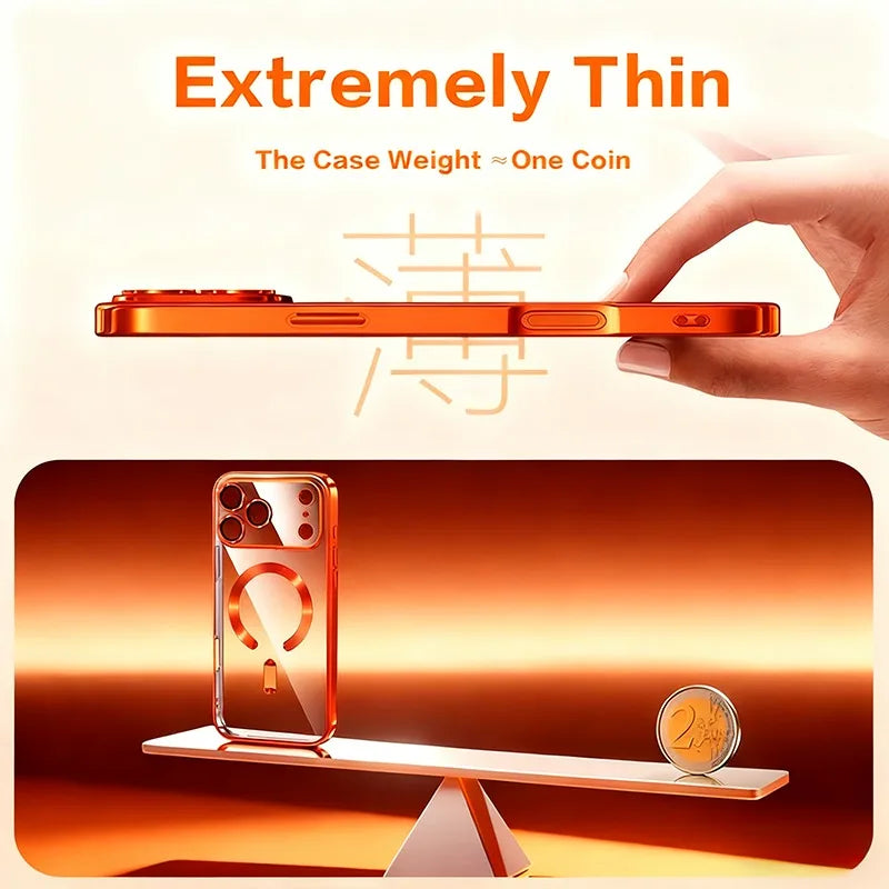 Fashion Orange Magnetic Clear Case For iPhone Air 17 16 15 14 13 12 11 Pro Max Plus Wireless Charge Plating Soft Business Cover