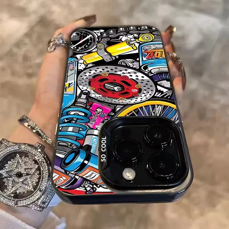 Mechanical Gear Pattern Electroplate Silver IMD Phone Case For iPhone 11 12 13 14 15 16 Pro Max 16E 7 8 Plus X XS XR SE2 Cover