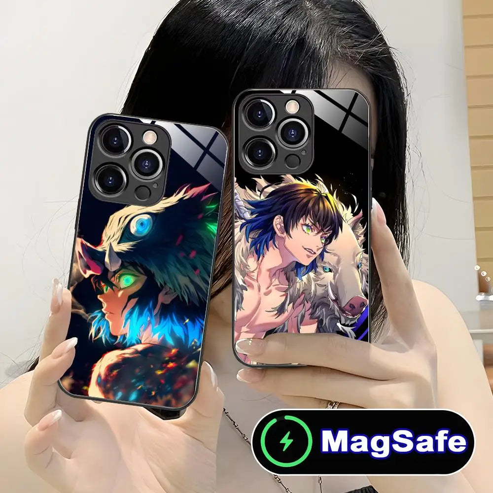Demon Slayer Inosuke Phone Case for iPhone 16 15 14 13 12 11 Pro Max Plus Mini MagSafe Glass Colour Protective Cover Cellphones