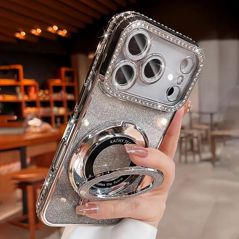 Plating For Magsafe Magnetic Stand Holder Rhinestones Case For iPhone 17 Pro Max 16 11 12 13 14 15 Plus Diamond Bumper Cover