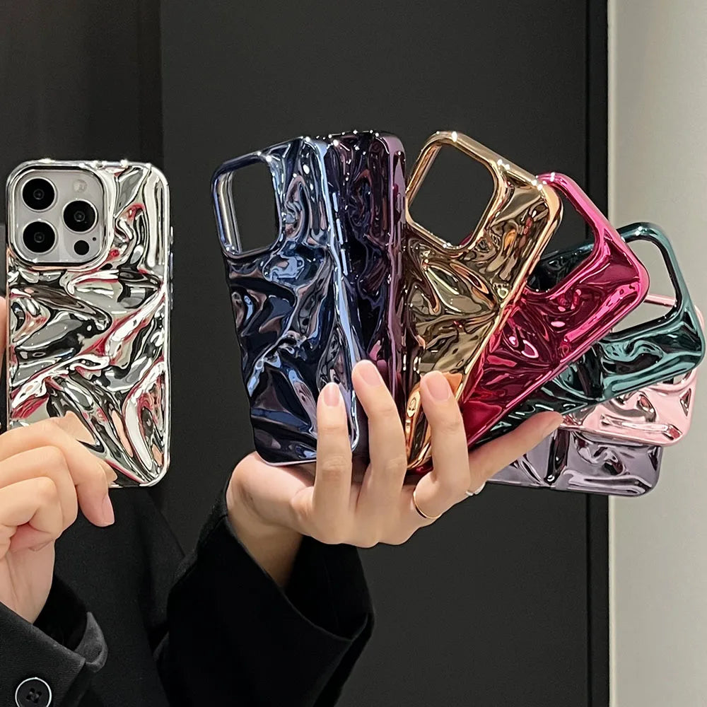 Luxury Electroplate Silvery 3D Wrinkle Phone Case For iphone 17 16 15 14 13 11 12 Pro Max 17Air Purple Water Ripple Soft Cover