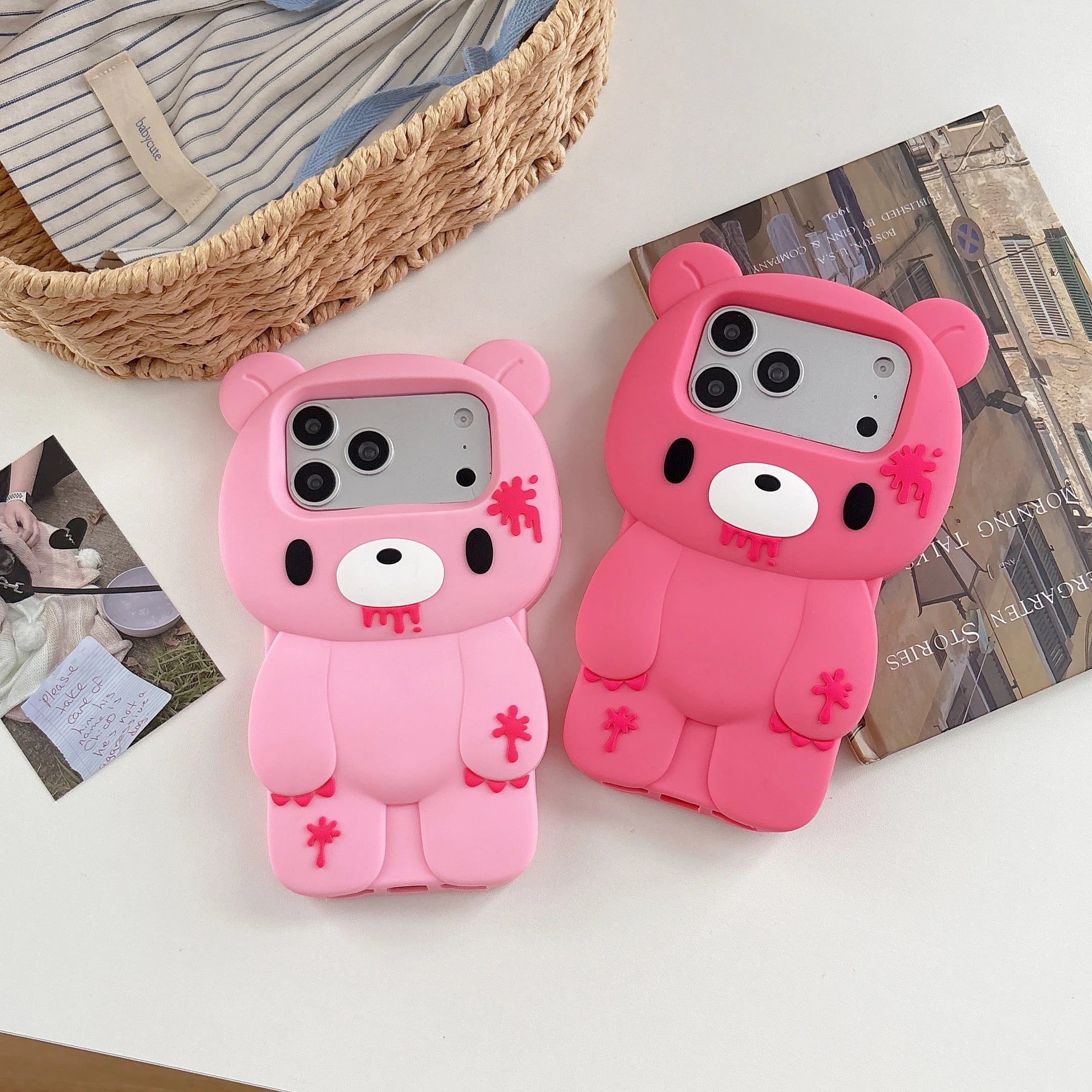 For iPhone 17 Pro Max 16 Plus 15 14 13 12 Pro Max Phone Case 3D Cartoon Cute Unique Bloody Design Bear Soft Silicone Cover