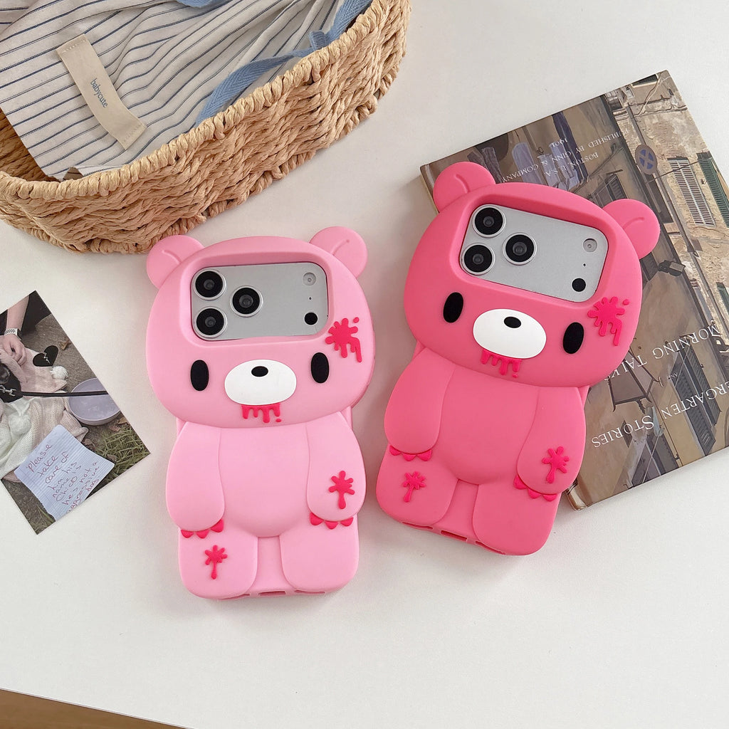 For iPhone 17 Pro Max 16 Plus 15 14 13 12 Pro Max Phone Case 3D Cartoon Cute Unique Bloody Design Bear Soft Silicone Cover
