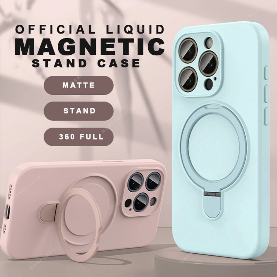 Ring Holder Magnetic Phone Case For iPhone 17 Air 13 14 15 16 Pro Max Magsafe Liduid Silicone Stand Shockproof Protector Cover