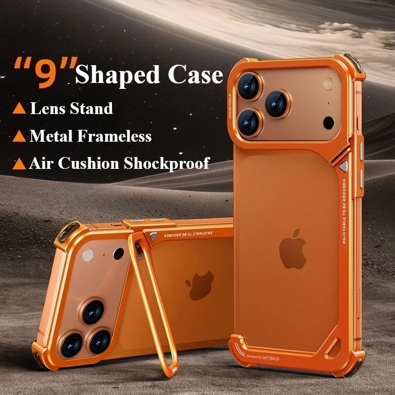 Oatsbasf 9-Shaped Metal Frameless Phone Case for iPhone 17 Pro Max/17 Pro with Stand Magsafe Minimalist Bumper Shockproof Cover