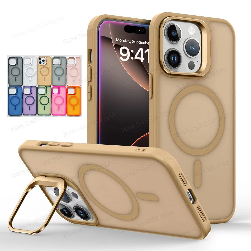Metal Camera Folding Stand Magnetic Matte Cover For iPhone 16 13 12 Mini 11 14 15 Pro Max 16 Plus Translucent For Magsafe Case