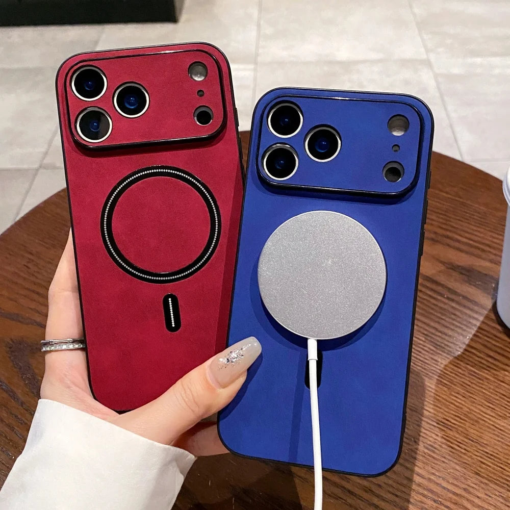 Matte Sheepskin Leather Magnetic Case For iPhone 17 15 16 Pro Max 14 Plus 13 12 11 XR XS X Camera Protection Soft Silicone Cover