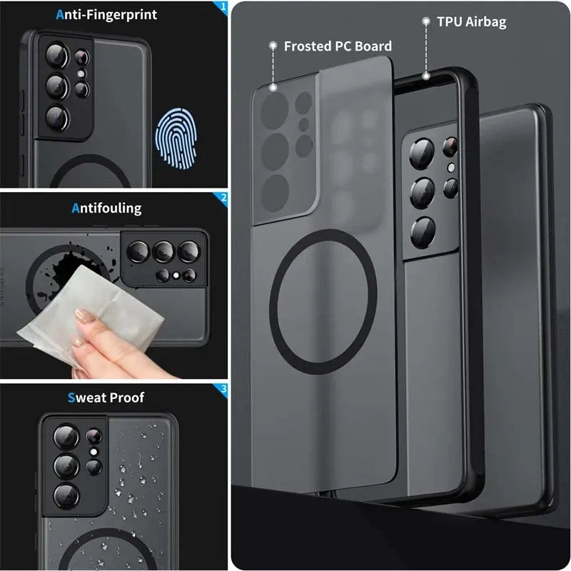 Magnetic Matte Translucent Armor Shockproof Case For Samsung Galaxy S22 S23 S24 S25 Ultra Plus S20 S21 FE Magsafe Charge Cover