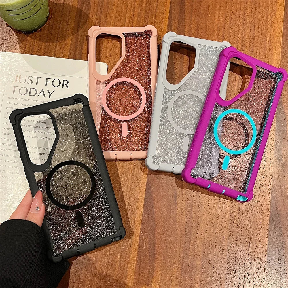 Glitter Translucent Matte Phone Case For Samsung Galaxy S25 Ultra S24 Plus For Magsafe Magnetic Shockproof Bumper Back Cover
