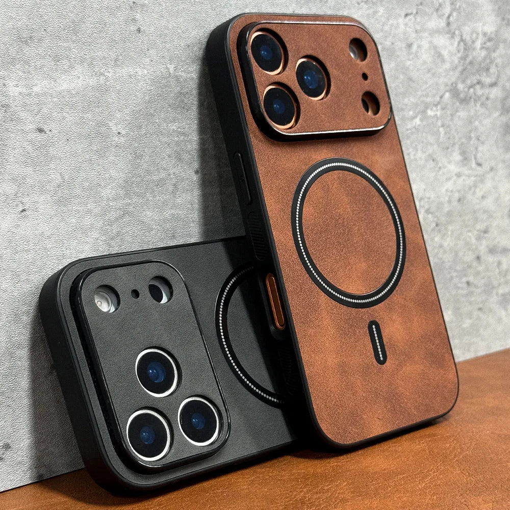 Business Faux Artificial Leather Phone Cases for IPhone 17 16 15 14 13 12 11 Pro Max for Magsafe Magnetic Wireless Charge Cover