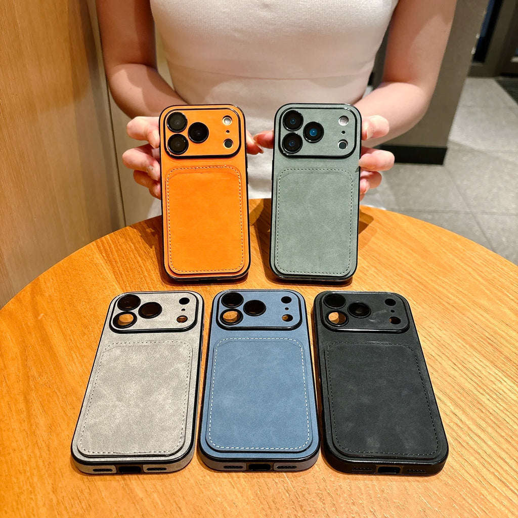 Shockproof Suede Leather Card Holder Case For iPhone 17 Pro Max 16 15 14 Plus 13, Slim Window View Camera Protection Phone Cover