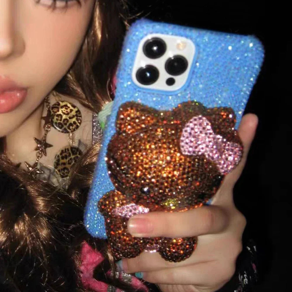 Hot Hello Kitty Rhinestone Crystal Phone Case Chain For iPhone17 Air 16 12 13 14 15Pro Max X Xs XR 7 8 Plus SE Transparent Bu