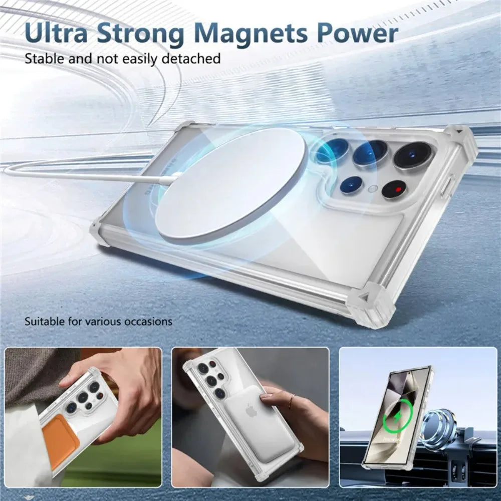 Airbag Cushion Strong Magnetic Case For Samsung Galaxy S26 S25 S24 S23 Ultra Plus Transparent Anti-yellowing Protection Cover