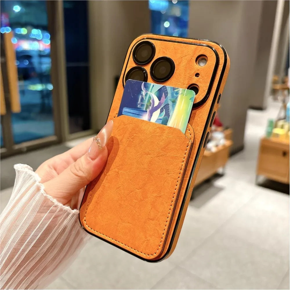 Large Window Wrinkle Texture Card Slot Case For iPhone 17 16 15 14 Plus 13 Pro Max Lens Protection Shockproof Matte Wallet Cover