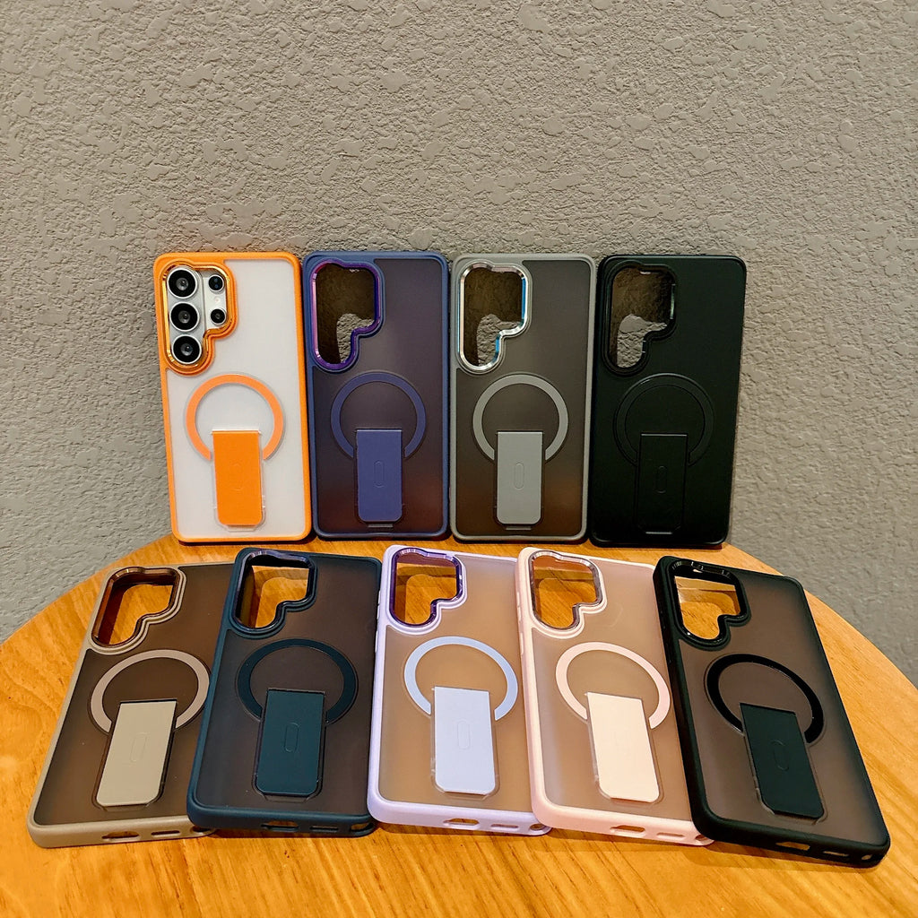 Folding Kickstand Clear Phone Case for Samsung Galaxy S26 Plus S25 Edge 24Ultra S23 S25FE Wireless Charging Magnetic Matte Cover