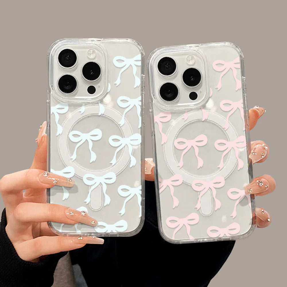 Cute Bow For Magsafe Wireless Charger Case For iPhone 17 14 15 13 11 12 16 Pro Max Funda iPhone 17Air Magnetic Clear Phone Cover