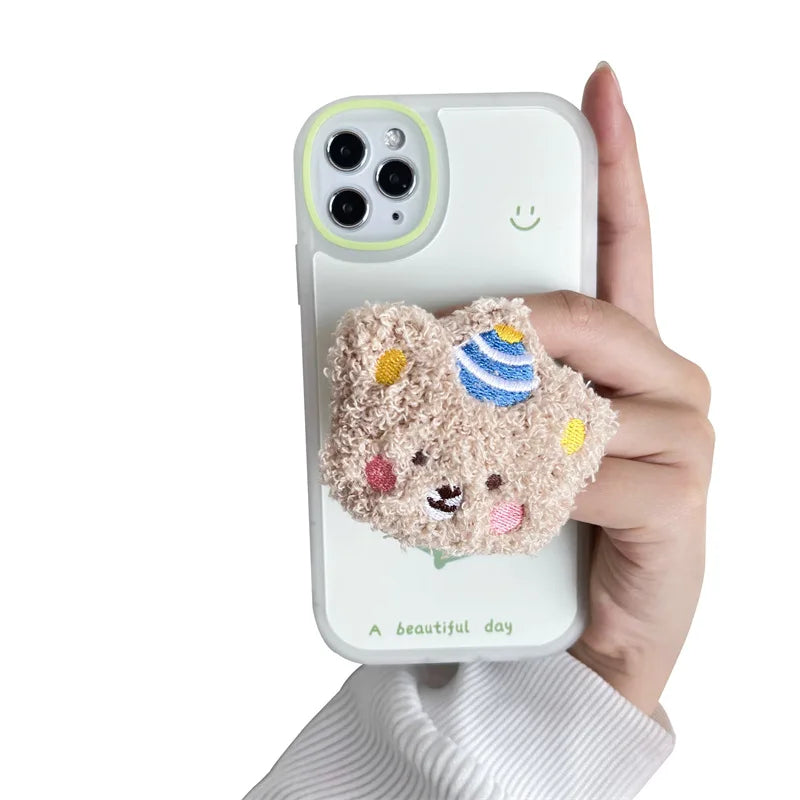 Cute Bear Fur Funny Fluffy Plush Folding Grip Phone Holder for IPhone 15 Samsung Support Tok Socket Pocket Finger Griptok Stand
