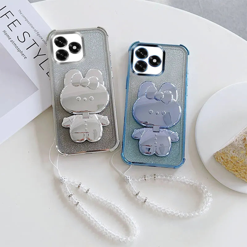 Luxury Shockproof Phone Case with Cute Rabbit Makeup Swivel Stand Crystal Lanyard For Honor X5c Plus X5b X6c X6a X6b Back Cover