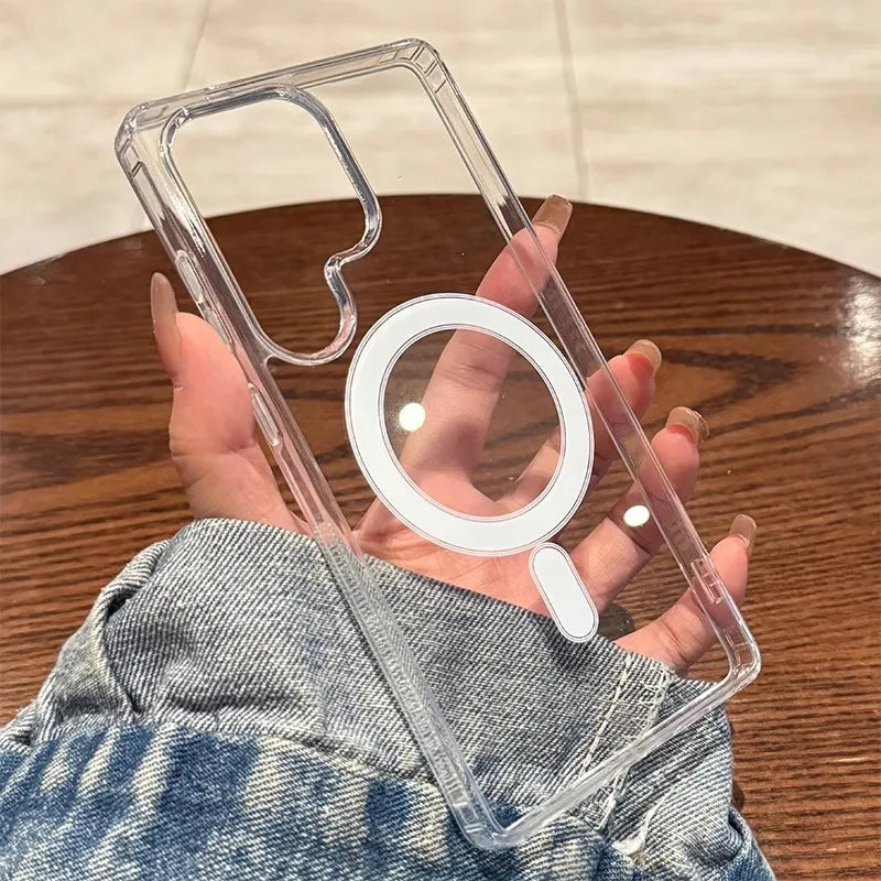 Original For Magsafe Magnetic Phone Case For Samsung Galaxy S25 S24 S23 S22 Ultra Plus Wireless Charging Shockproof Clear Cover