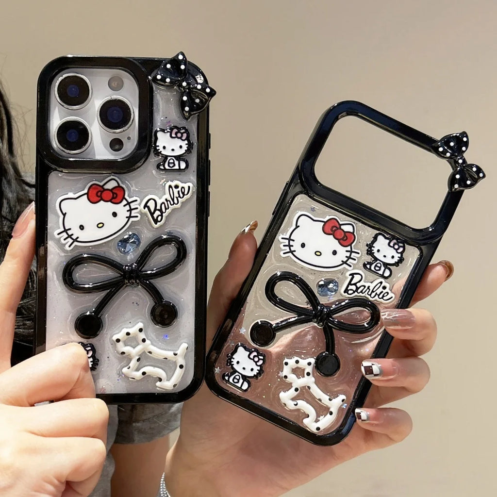 Cute Cartoon Glitter Powder Bow Hello Kitty Cat Phone Case For iphone 17 16 15 14 Pro Max 13 Shockproof Protector Sanrio Cover