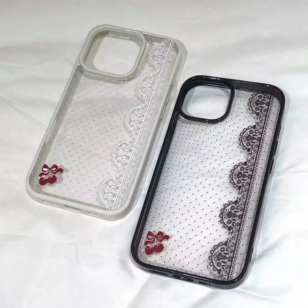 Black Polka Dots Lace Trim Cherry Phone Case For iPhone 17 AIR 16 15 14 13 12 11 Pro MAX X Xr XS 7 8 Plus Y2K Minimalism Cover