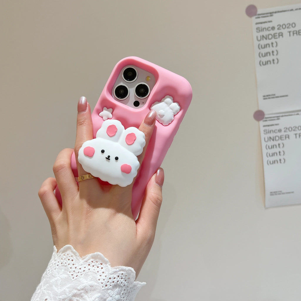 3D Animal Cartoon Rabbit Silicone Phone Case for iPhone 16 15 14 13 12 Pro Max 11 Soft Cover with Wrist Strap&Folding Holder