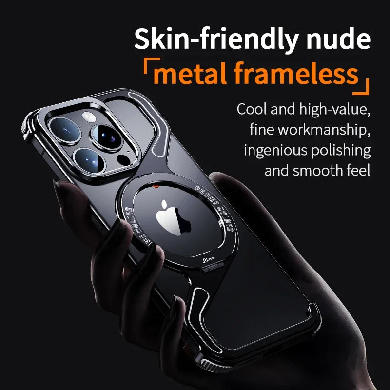 Z-shaped Frameless Magnetic Metal Snap on Phone Case, For iPhone 13 14 15 16 Pro Max Phone Protection Cover With Rotating Ring