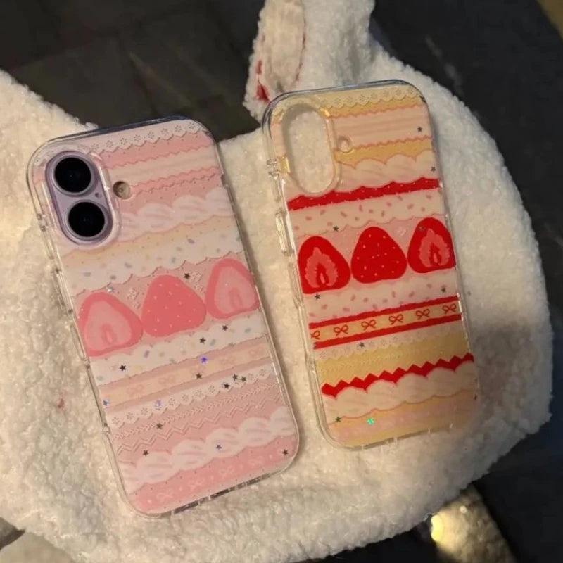 Cream Strawberry Cake Lace Bowknot Phone Case For iPhone 17 16 15 14 13 12 11 Pro Max 16e 17 Air X XR XS Max 7 8 Plus Soft Cover