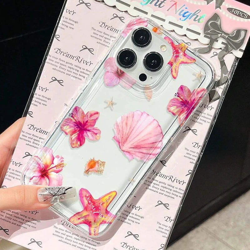 Pink Tropical Flower Starfish Shell Patterns Airbag Phone Case For iPhone 17 16 15 14 13 12 11 Pro Max XS XR 7 8 Plus 16E Cover