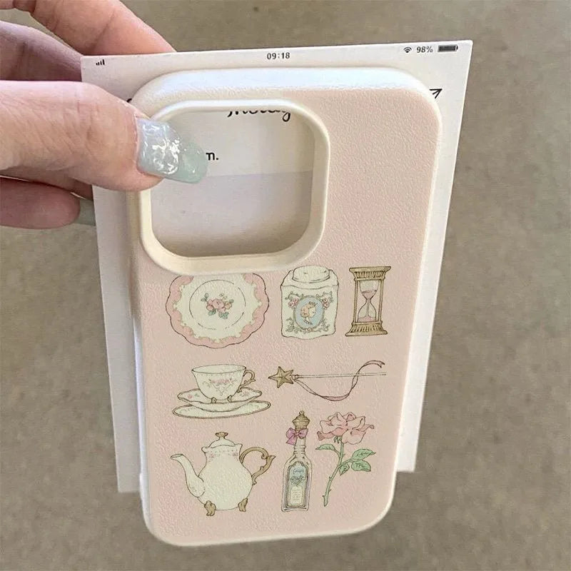 A Pink Teacup Collage Pattern Litchi-Textured Phone Case, Suitable for iPhone 17, 16, 15, Plus, Pro, Max Series Phones—Can Be Used as a Gift