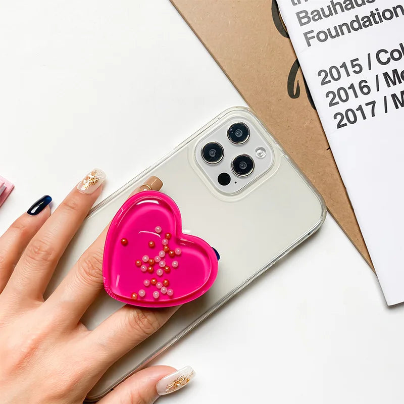 Hearts Pearls Liquid Quicksand Phone Grip For iPhone Samsung Huawei Xiaomi Universal Phones Finger Bracket Holder