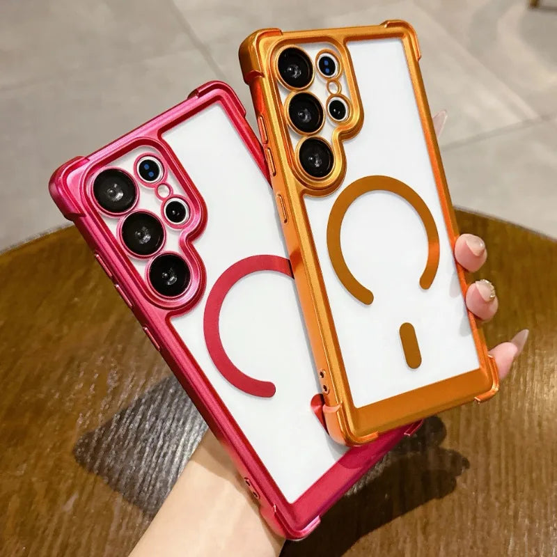 Armor Shockproof Magnetic Case For Samsung Galaxy S25 Ultra S24 FE Plus S23 For Magsafe Lens Protector Matte Plating Clear Cover