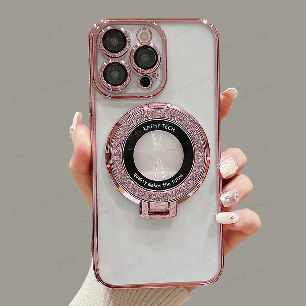 Magnetic For Magsafe Charging Case For iPhone 17 15 11 12 13 14 16 17 Pro Max Air Plus Glitter Folding Stand Plating Clear Cover