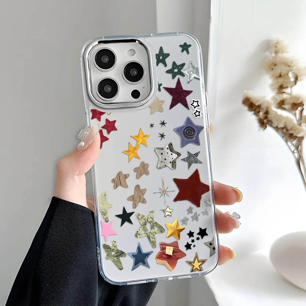 Korean Creative Threaded Star Silver Lens Frame Phone Case For iPhone 17 Pro Max Air 16 15 Pro Max 14 Pro13 12 11 Silicone Cover
