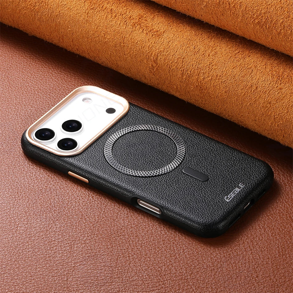 Busines Retro Lychee Skin Texture Leather Magnetic For Magsafe Case For iPhone 13 14 15 16 17 Pro Max Air 17pro Shockproof Cover