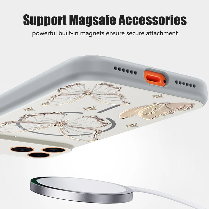 Gold Butterfly Pattern Magnetic Phone Case For iPhone 17 Pro Max 16 15 14 13 Pro Max For Magsafe Wireless Charge Hard PC Cover