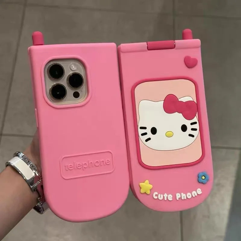 3D Cute Sanrio Hello Kitty Hide Makeup Mirror Flip Cover Phone Case For iPhone 17 16 15 14 13  Pro Max Soft Silicone Cover