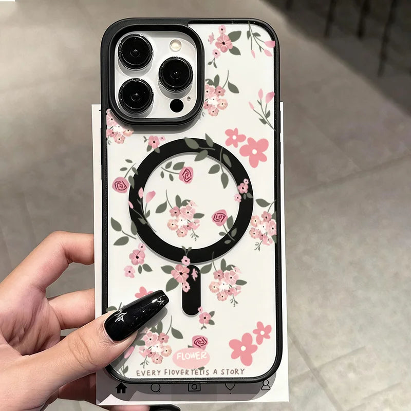 A Floral Ultra-Clear Magnetic Circular Case For iPhone 17 16 Pro Max 15 14 Plus 13 12 11 Air For Magsafe Wireless Charging Cover