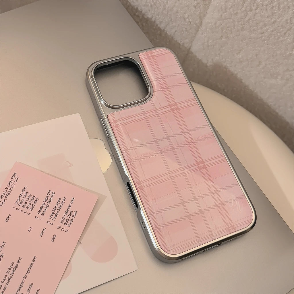 Sweet Pink Grid Pattern Drop Glue Cover Case for iPhone 16 15 14 13 12 11 Pro Max Plus Shockproof Protective Phone Case