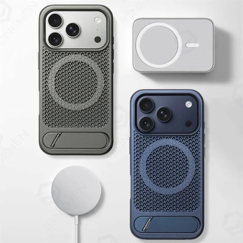 Heat Dissipation Stand Magnetic Shockproof Bumper Case For iPhone 17 Pro Max Air 16 15 14 13 12 Breathable Cover For Magsafe