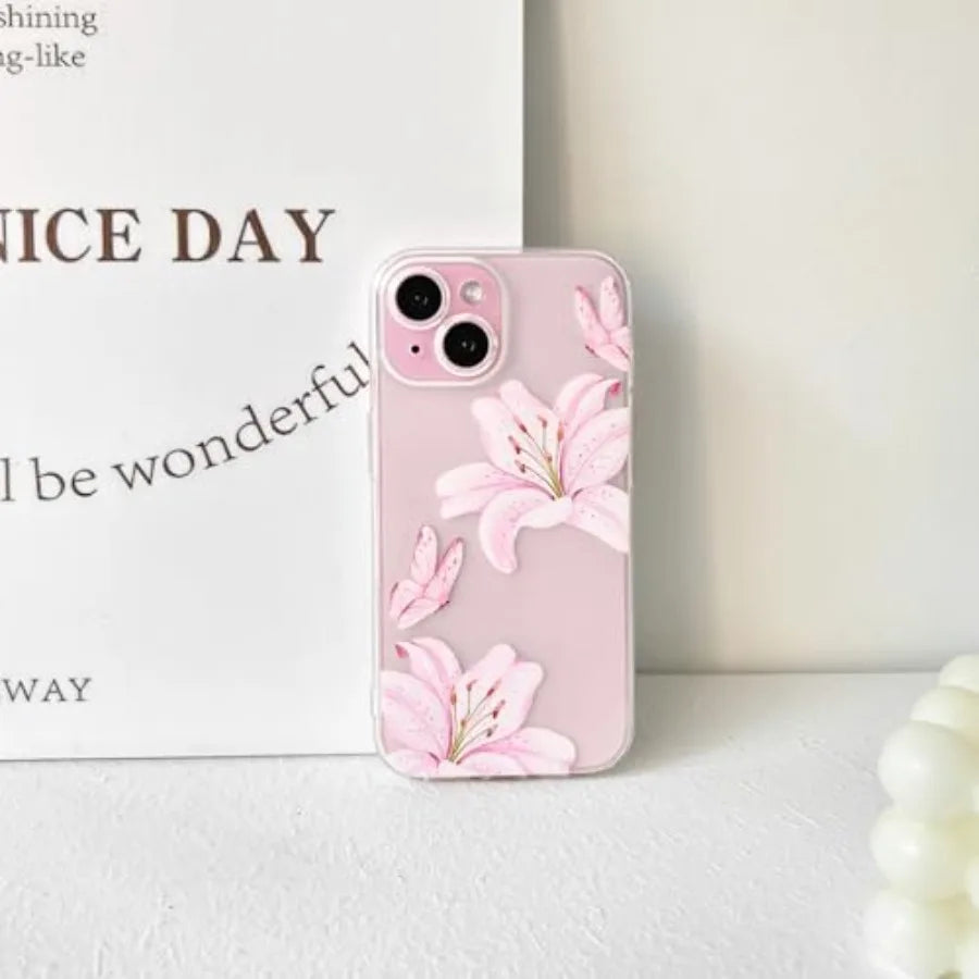 Compatible with iPhone 15 Case Clear Cute Butterfly Lily Flower Floral Pattern for Women Girls Full Camera Lens Clear Slim Shoc