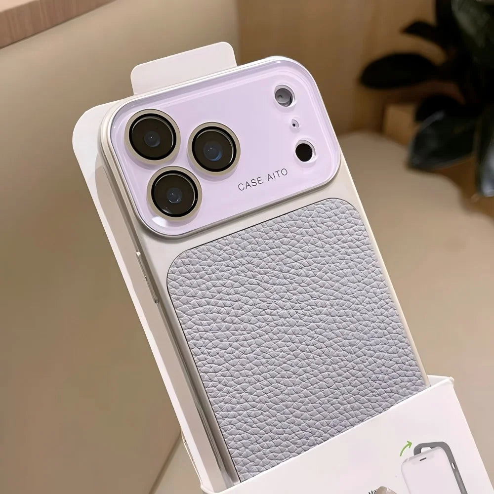 Luxury Litchi Leather Glass Lens Large Window Case For iPhone 17 16 15 14 13 Pro Max Plating Shockproof Bumper Candy Phone Cover