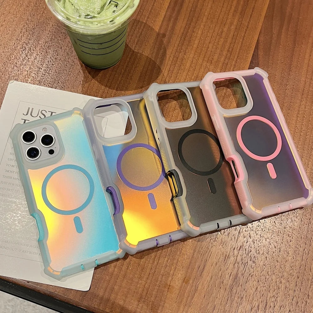 Luxury for Magsafe Laser Dazzling Armor Case For iPhone 17 16 15 14 13 Pro Max Wireless Charging Dual Layer Protection Cover