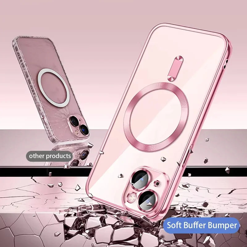 Luxury Plating Case For iPhone 16 15 14 11 13 12 Pro Max Wireless Clear Charge Magnetic Soft Cover Camera Lens Protector