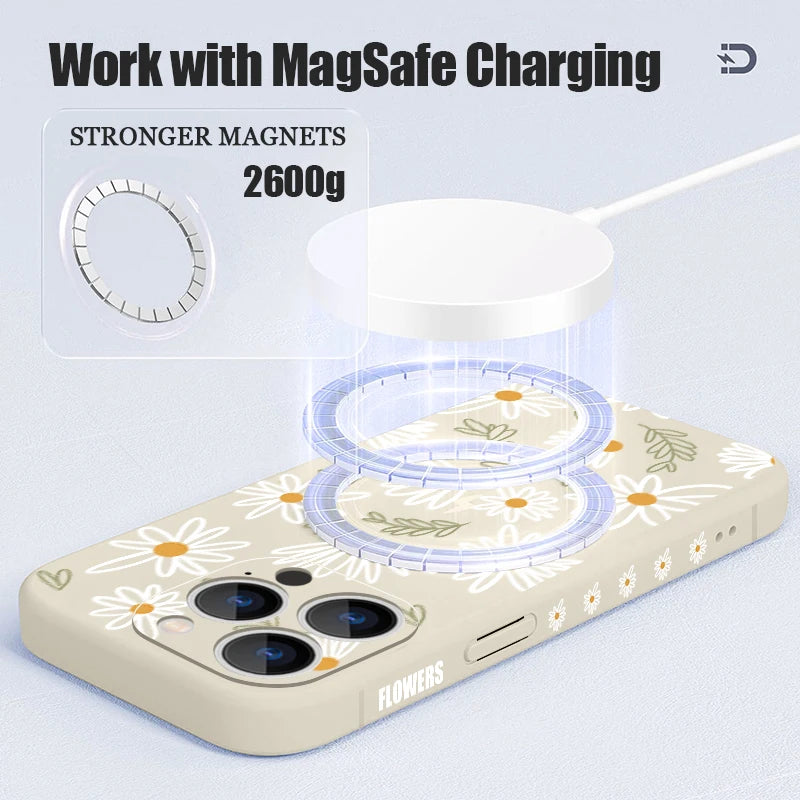 White Flowers Magnetic Case For iPhone 17e 17 16 15 14 13 12 Pro Max 11 16e For Magsafe Wireless Charge Soft Lanyard Phone Cover