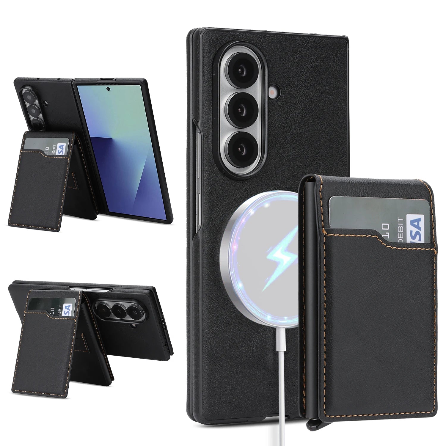 2 in 1 Wireless Charging Leather Case For Samsung Galaxy Z Fold 7 6 5 4 3 Fold7 Magnetic Card Slots Cards Holder Phone Cover