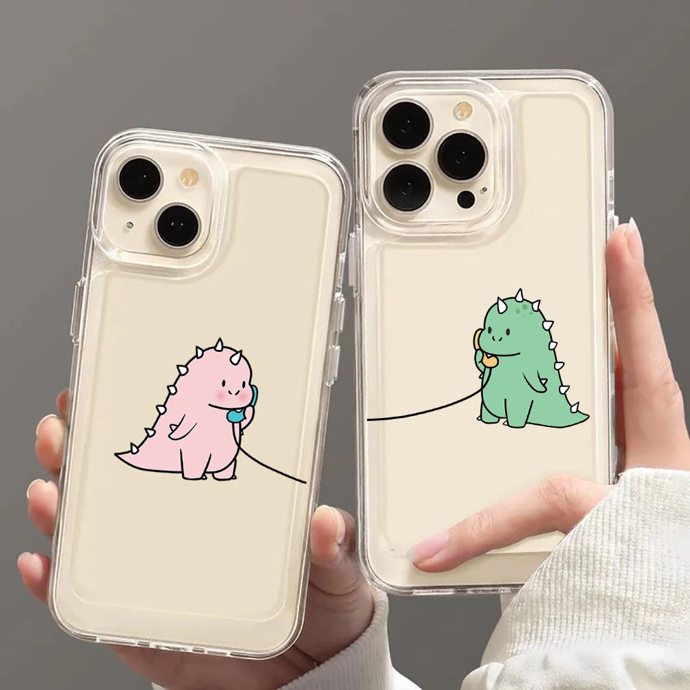Cute Dinosaur Couple Phone Case For iPhone 17 16 15 14 13 12 11 Pro Max Mini SE 7 8 Plus 16E Shockproof Non-Slip Cover Fundas