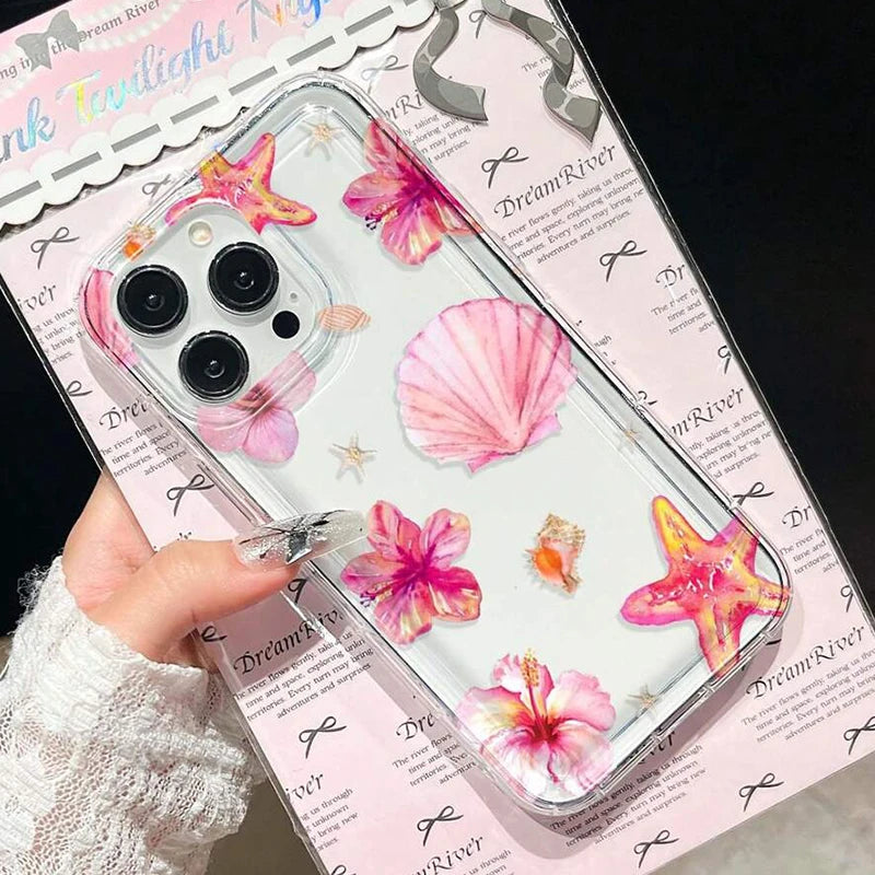 Pink Tropical Flower Starfish Shell Patterns Airbag Phone Case For iPhone 17 16 15 14 13 12 11 Pro Max XS XR 7 8 Plus 16E Cover